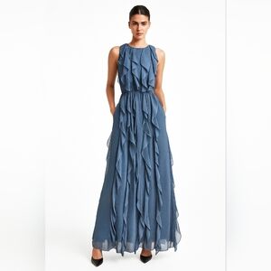 Sachin Babi Maxi Dress Sky Blue Midnight Polka Dot Ruffles Silk Chiffon Size 0